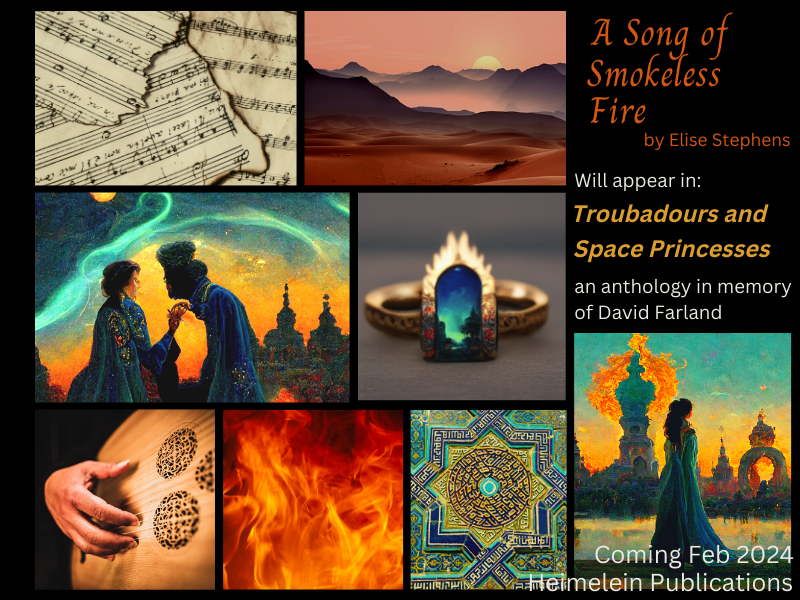 Made this image board now that I can finally announce that this story will appear from <a href="/hemelein/">Hemelein Publications</a> publications!

"A Song of Smokeless Fire" - a mystery/love story about a jinni, a singer, a minstrel, and an orphan that pivots around a deadly song and a strange emerald ring.