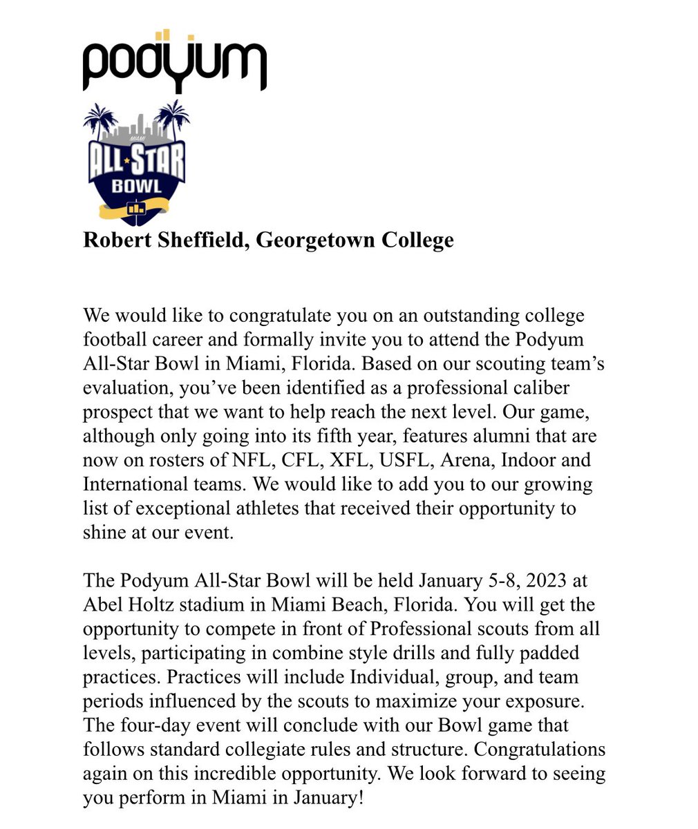 BandsUpRS3's tweet image. Truly Blessed for the Invitation to attend the Podyum All Star Bowl in Miami, Florida🌴Extremely excited to show my talent in front of Professional Scouts❗️