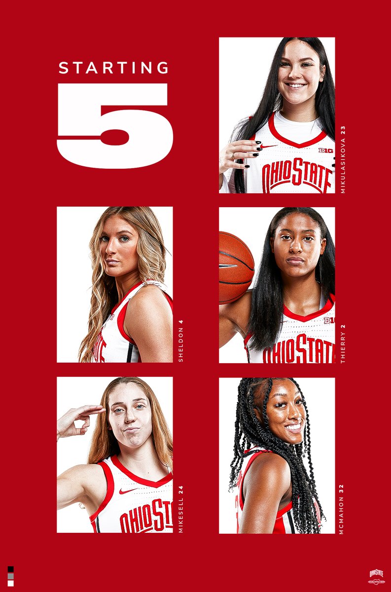 OhioStateWBB's tweet photo. Tonight's Starting 5⃣🆚 Ohio University

🔴 @JacySheldon 
🔴 @TMikesell23 
🔴 @cotiemcmahon23 
🔴 Taylor Thierry
🔴 Rebeka Mikulasikova

#GoBucks #BeatOU https://t.co/x0UlyhSd7b