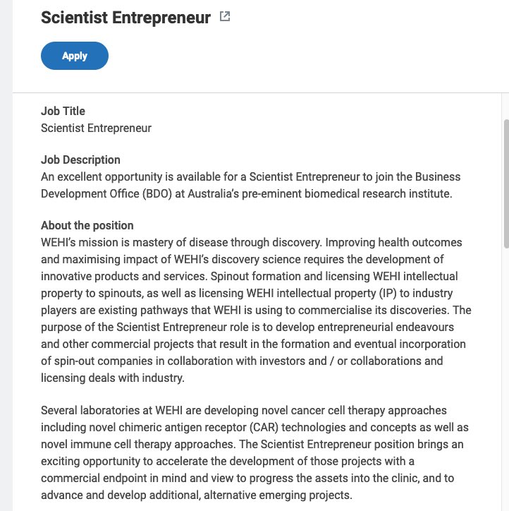 Dr Onisha Patel (@dr_opatel) on Twitter photo Please RT this exciting opportunity for Scientist Entrepreneur to join our Business Development Office <a href="/WEHI_research/">WEHI (Walter and Eliza Hall Institute)</a>. A position between the BDO team and scientists to help expedite development of novel cell therapy projects towards the clinic. wehi.wd3.myworkdayjobs.com/en-US/WEHI/job… Please RT this exciting opportunity for Scientist Entrepreneur to join our Business Development Office <a href="/WEHI_research/">WEHI (Walter and Eliza Hall Institute)</a>. A position between the BDO team and scientists to help expedite development of novel cell therapy projects towards the clinic. wehi.wd3.myworkdayjobs.com/en-US/WEHI/job…