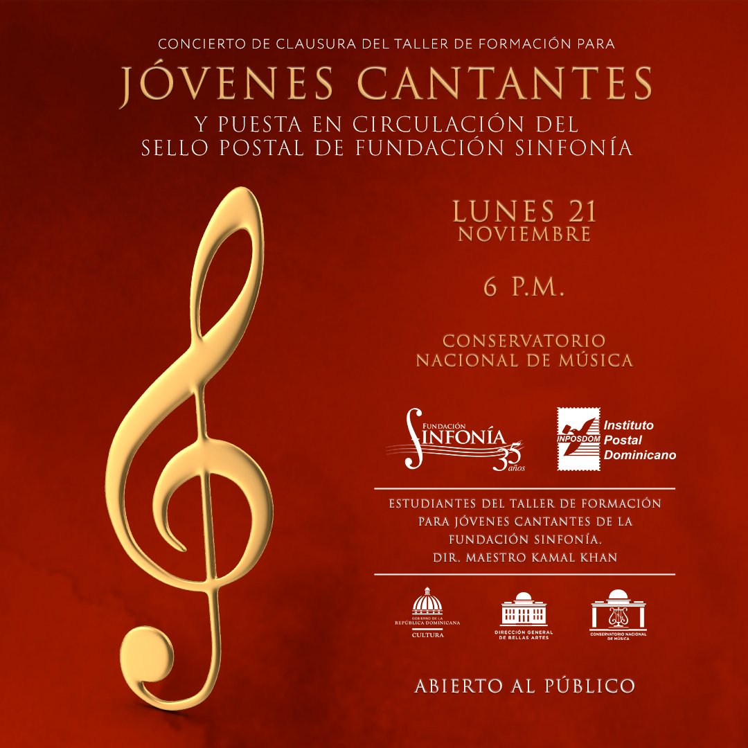 fsinfoniard's tweet photo. Les invitamos al concierto con motivo de la puesta en circulación del SELLO POSTAL de @fsinfoniard, gracias a @InposdomRD y a la clausura del Taller de Formación para Jóvenes Cantantes 

¡ABIERTO AL PÚBLICO!

21 de noviembre | 6 PM | @CNMRepDom 

#FundacionSinfonia #Educación https://t.co/tkdEQTh90d