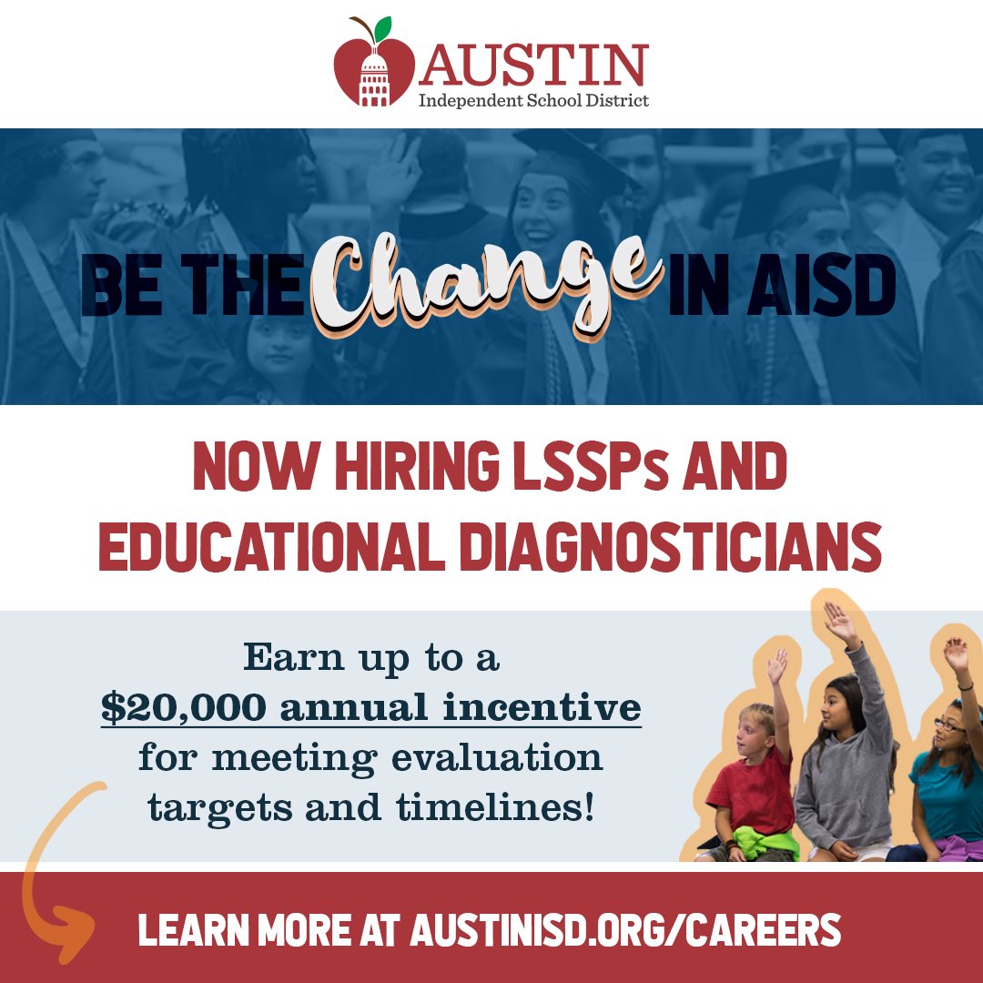 Austin ISD Office of Talent Strategy (@weareaisd) on Twitter photo We’ve got BIG news!
LSSPs & Ed. Diagnosticians in <a href="/AustinISD/">Austin ISD</a> are eligible to earn up to $20,000 in annual incentives for meeting targets & timelines!
Are you ready to join our team of incredible evaluators & be part of the change for AISD students?
Austinisd.org/careers We’ve got BIG news!
LSSPs & Ed. Diagnosticians in <a href="/AustinISD/">Austin ISD</a> are eligible to earn up to $20,000 in annual incentives for meeting targets & timelines!
Are you ready to join our team of incredible evaluators & be part of the change for AISD students?
Austinisd.org/careers