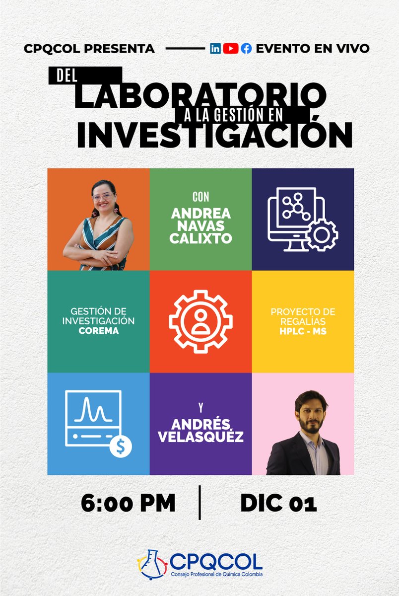 5⃣ Del Laboratorio a la Gestión en Investigación
En el <a href="/cpqcol/">CPQCOL</a> vamos a hablar de este tema con <a href="/acnavascalixto/">Andrea Navas Calixto</a> quien trabaja como gestora de investigación en <a href="/UnivalleCol/">Univ. del Valle</a> Andrea pertenece a <a href="/COREMA_/">COREMA</a> e hizo parte del grupo de gestión que trajo un HPLC-MS a Bioanalitics-Univalle