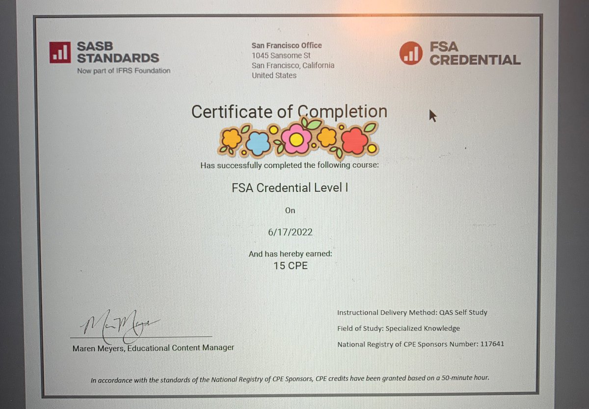 kaeru_estudio's tweet photo. FSA Credential 合格したときの、
USCPA のCPE単位付与の連絡が来たー!
15は大きい…!
#fsacredential https://t.co/LVlA9W3Alp