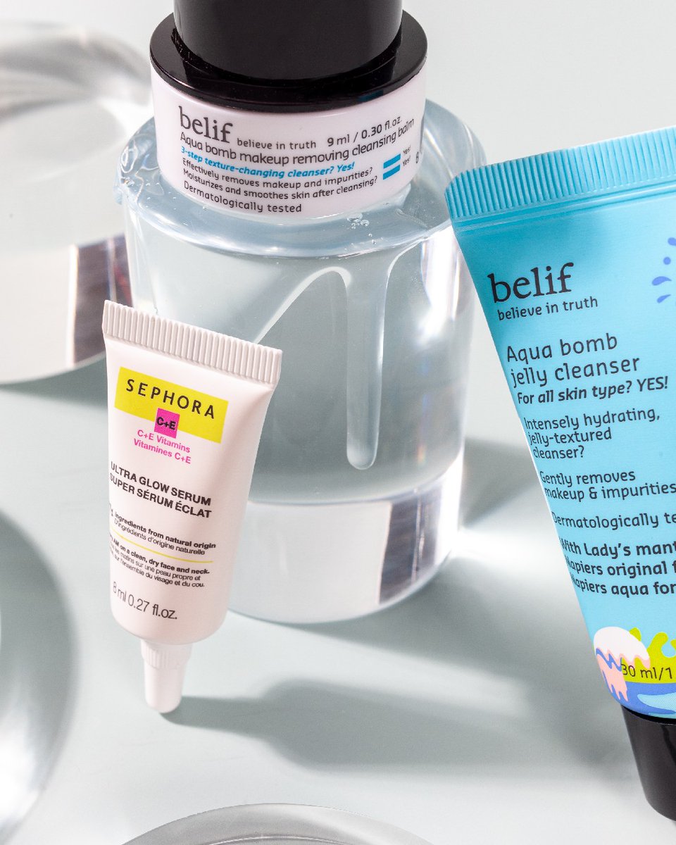 Influenster's tweet photo. ⛑️​ Here’s a routine to save your skin as the temps get cooler. ⛑️​ 

💄​ Aqua Bomb Cleansing Balm from @belifusa.
🧼​ Aqua Bomb Jelly Cleanser 
☀️​ Sephora Collection Ultra Glow Serum.

Drop a 💄, ​ 🧼 or ☀️ to tell us which one you’d like to shop next!
https://t.co/LpbB7vko1R https://t.co/lMeuA61Qv6
