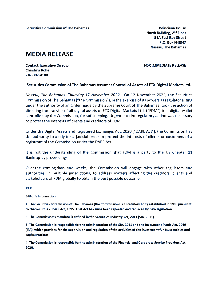 The Securities Commission of The Bahamas took the action of directing the transfer of all digital assets of FTX Digital Markets Ltd. to a digital wallet controlled by the Commission to protect the interests of clients and creditors.
