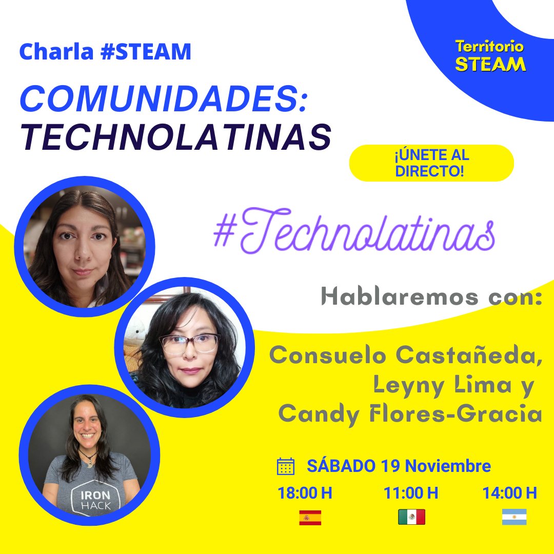 📢Este sábado 19 nos acompañan <a href="/konzuelito/">Consuelo Castañeda🇲🇽🌈</a> <a href="/LeynyLima/">Leyny Lima Bautista</a> <a href="/CandyFG/">Candy Flores Gracia</a> de la comunidad de <a href="/Technolatinas/">TechnoLatinas ✨</a>👩‍💻

¡Nuestras colaboradoras!👏

Conoceremos qué es una comunidad, ventajas, experiencias, quién puede unirse y su agenda de actividades

#technolatinas #DescubreTech #territoriosteam