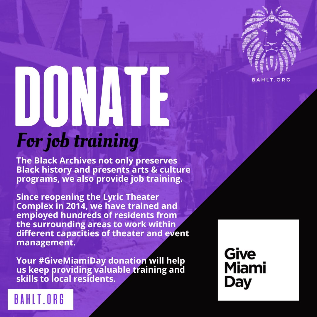 Help us continue to put Miami residents to work through employment at the Black Archives Historic Lyric Theater... donate today! Donation link: ow.ly/oKJb50LGAVH
#GiveMiamiDay2022 #MiamiBlackHistory #SupportBlackArchives #BlackArchives365