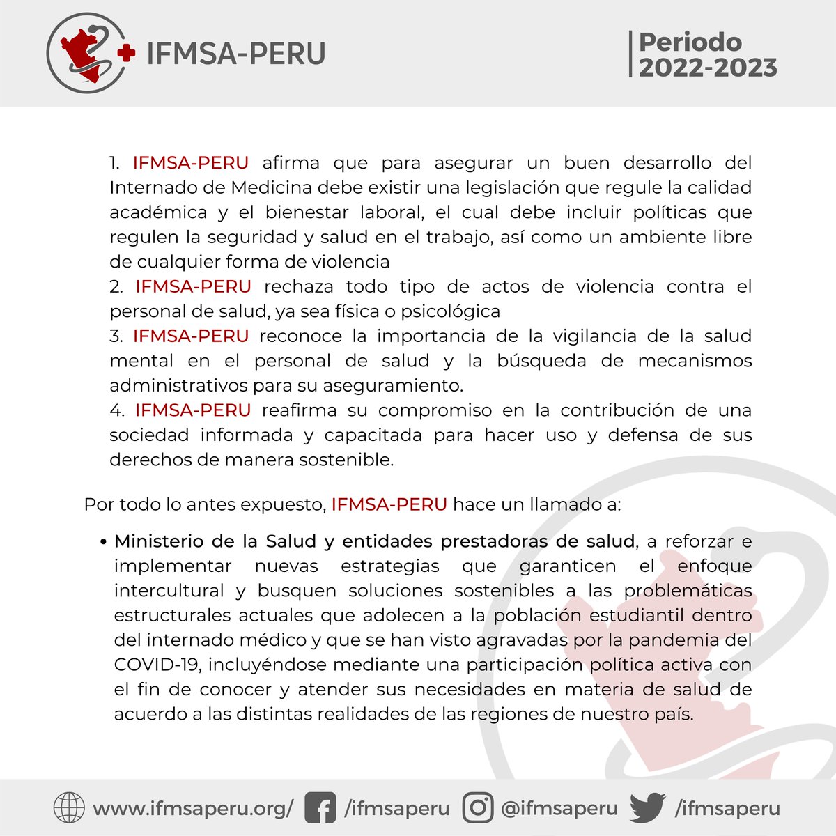 IFMSAPERU's tweet photo. [Pronunciamiento] Alto a la violencia en el internado médico

Pronunciamiento N°005 | IFMSA-PERU 22/23

#ifmsaperu🇵🇪 #internadomedico https://t.co/ZotARfHDgP