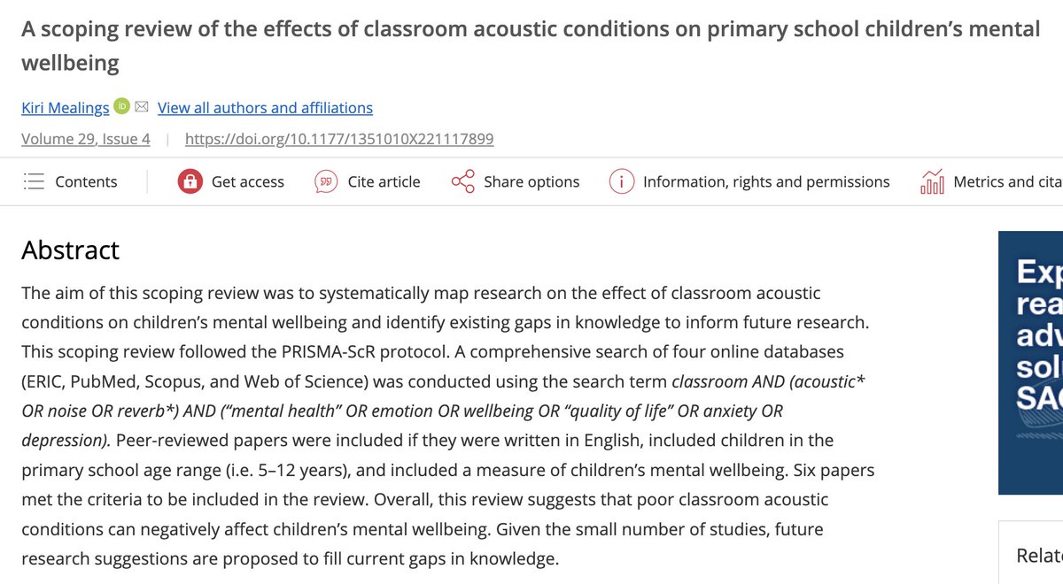 "A scoping review of the effects of classroom acoustic conditions on primary school children’s mental wellbeing" by #MQHearing Kiri Mealings journals.sagepub.com/doi/10.1177/13… Read more about Kiri's research here &gt; researchers.mq.edu.au/en/persons/kir…
