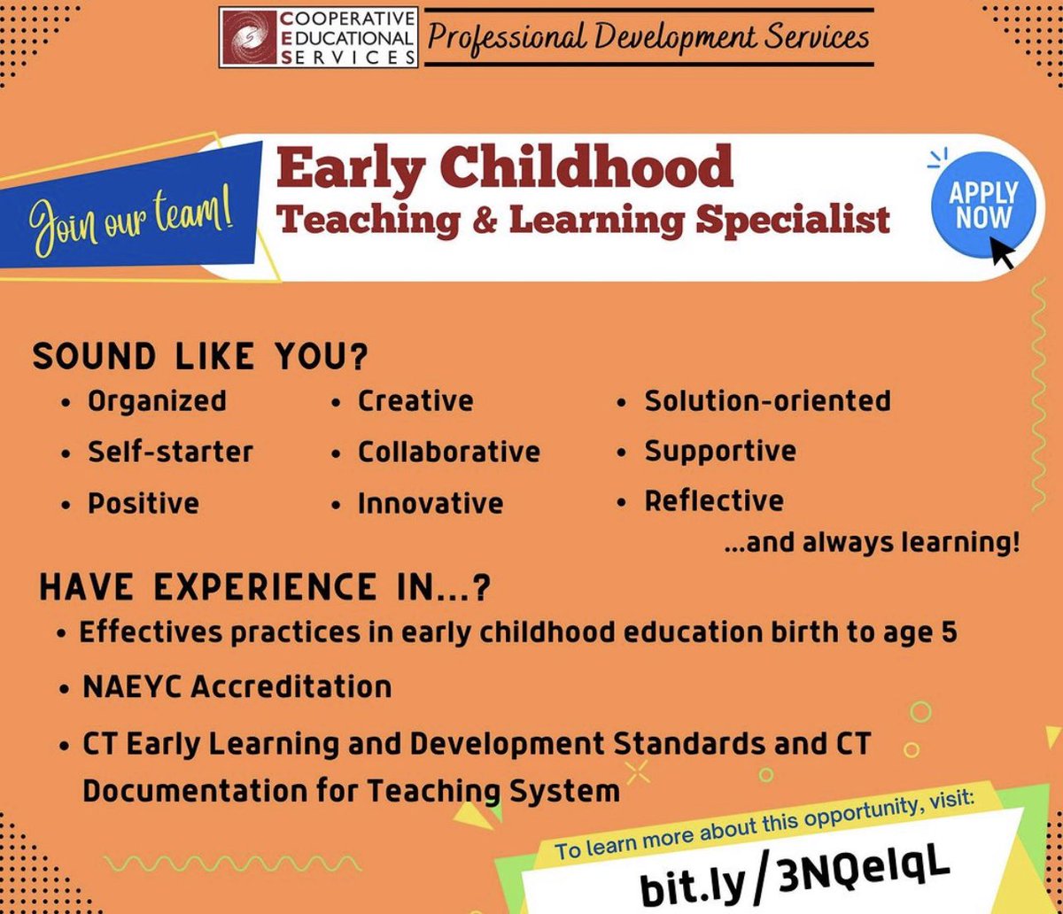 iveee__g's tweet photo. CES Professional Development Services is looking to hire an Early Childhood Teaching and Learning Specialist. To learn more and to apply, visit our website: https://t.co/syI8VSgbNJ

#earlychildhoodeducation #naeyc #earlylearning #ct #connecticut
 #teaching #learning #development https://t.co/Ira4VY4QZ8