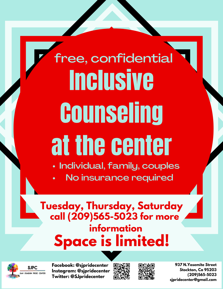 SJPrideCenter's tweet photo. We have openings coming up! If you're interested in free counseling, let us know by calling us at (209)565-5023. https://t.co/wQdswQ0j8X