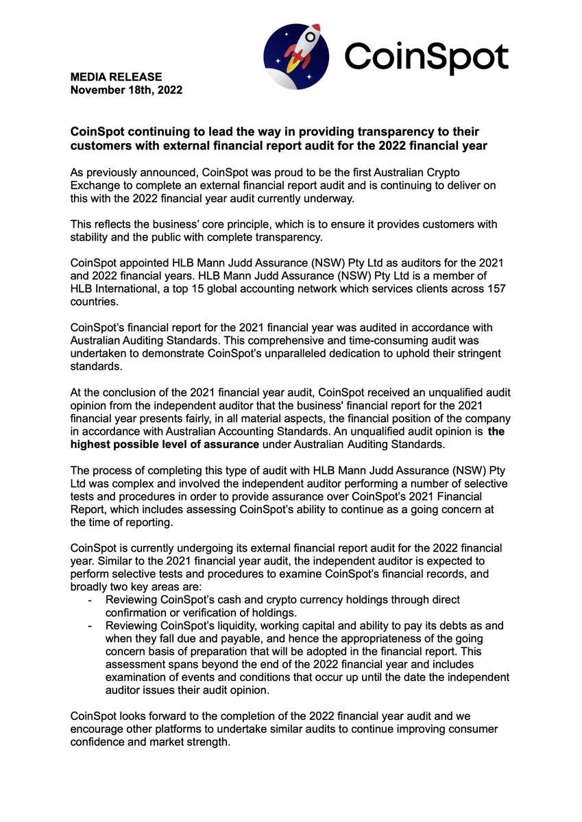 CoinSpot Media Release:

CoinSpot continuing to lead the way in providing transparency to their customers with external financial report audit for the 2022 financial year.