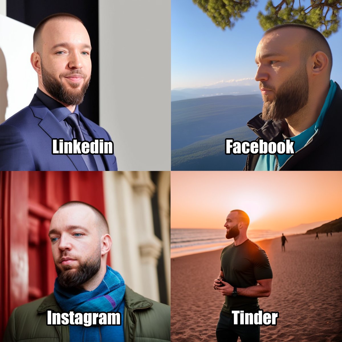 GainsdalfGwei's tweet photo. I used a custom checkpoint to recreate the linkedin-facebook-instagram-tinder meme featuring ai-generated photos of myself.

I ended up using the linkedin one as my pfp on there. So much cheaper and more fun than getting a headshot done!

#Memes #stablediffusion #customaiart https://t.co/a2rU3GRoez