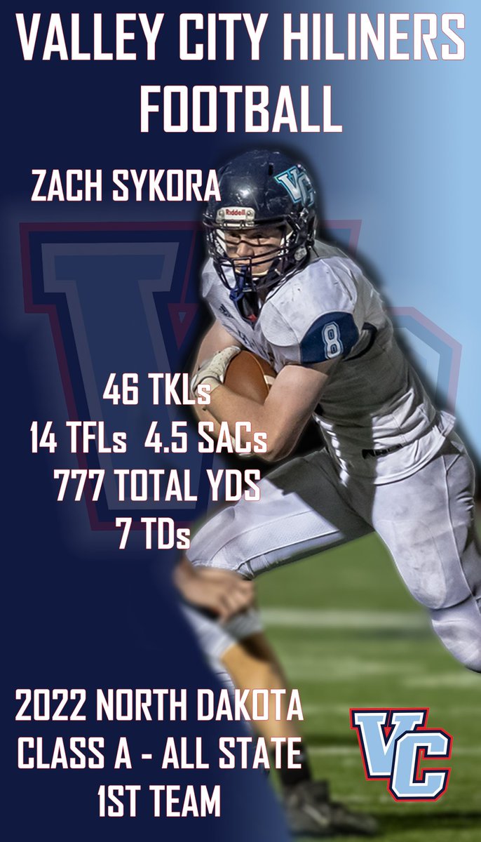 The Ginga Ninja! He continues to just get better and smarter on the football field everyday! Love how much he wants to learn and never misses a meeting.
Zach Sykora
Hi-Liner Football Valley City Public Schools VC Hi-Liner Booster Club Hi-Liner Activities