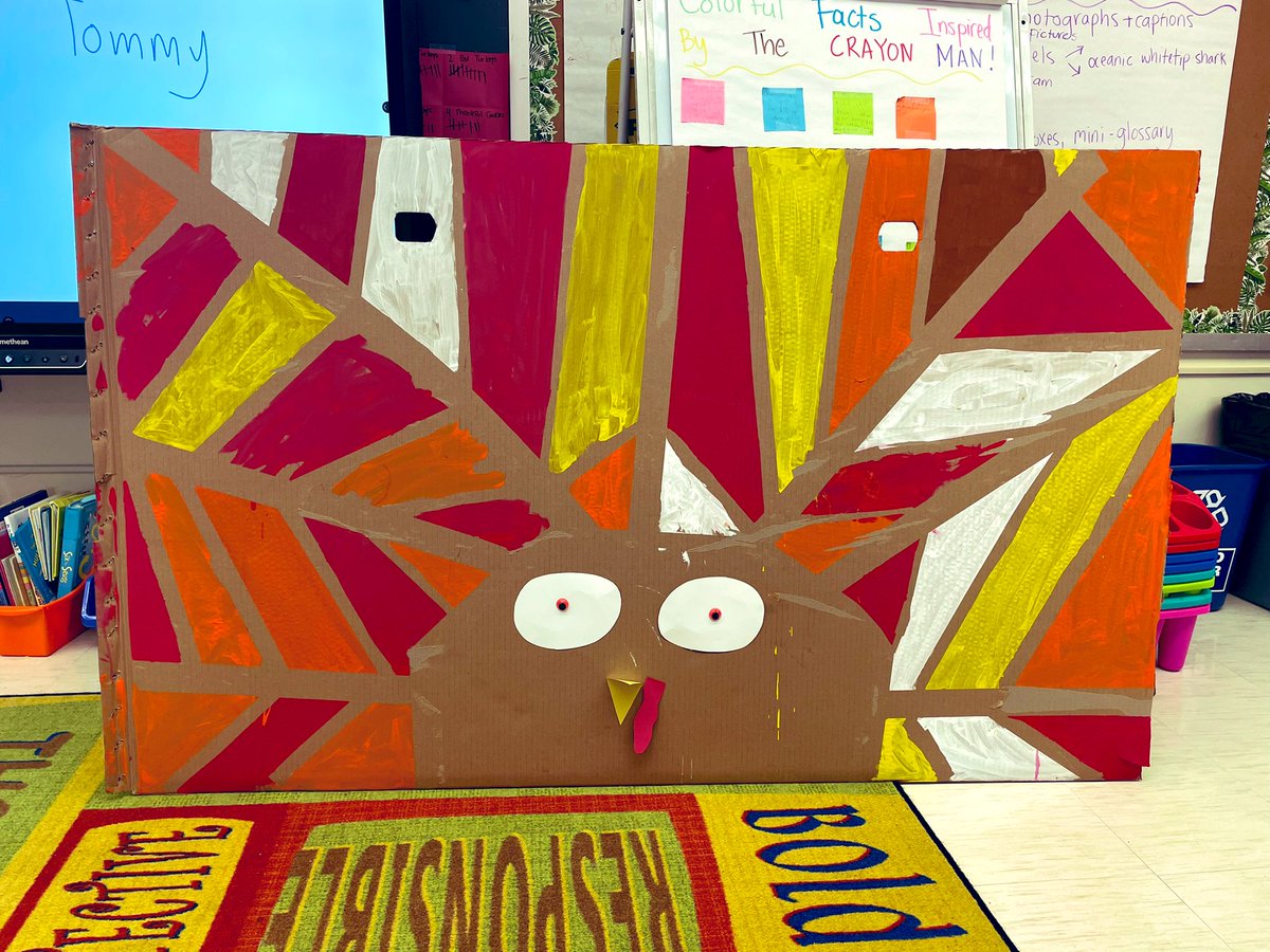 Second grade worked hard to make Taco, the teamwork turkey! Thanks @rodrigfdvikings for putting Taco on display at the feast. 🦃 🍽 <a href="/FSDVikings/">Farmingdale School</a> <a href="/MsRustFDV/">Sam Rust</a> #THANKSGIVING #artists