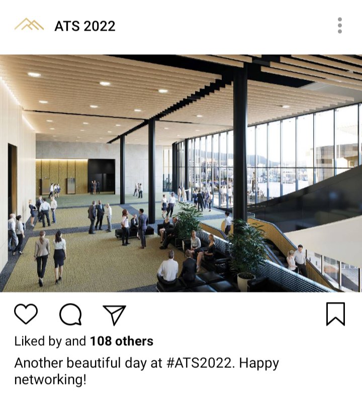 ATS IG: picture of the conference centre interior. Caption reads "Another beautiful day at #ATS2022. happy networking! 