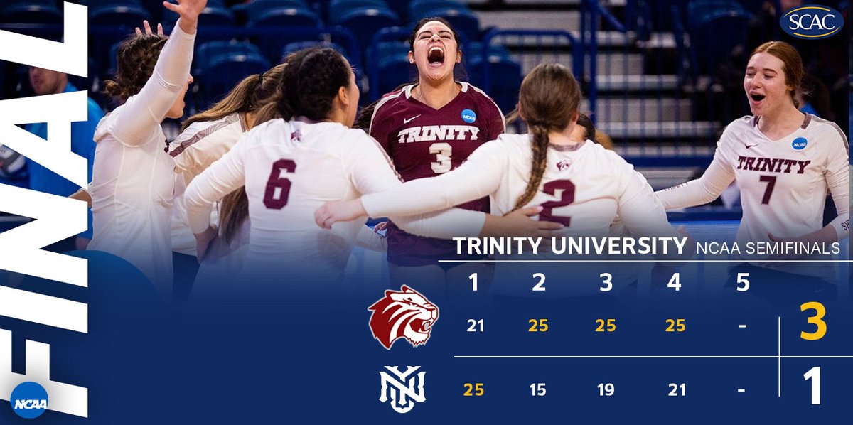 On Saturday night, <a href="/TrinityUTigers/">Trinity Athletics</a> will be playing for the 11th team National Title in #SCAC history and the FIRST in the sport of Volleyball 

#SCACPride | #d3vb