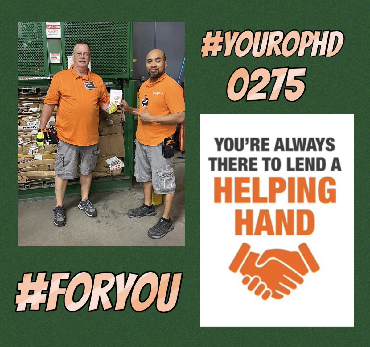 M5Lorie's tweet photo. Peer to Peer Recognition with Tom and Dennis lending each other a hand #HomeDepot #NationalGratitudeMonth #METAppreciation #ForYou #HDCulture 🍊💥#GoTeam🫶🏻 https://t.co/tnI5kzVgM3