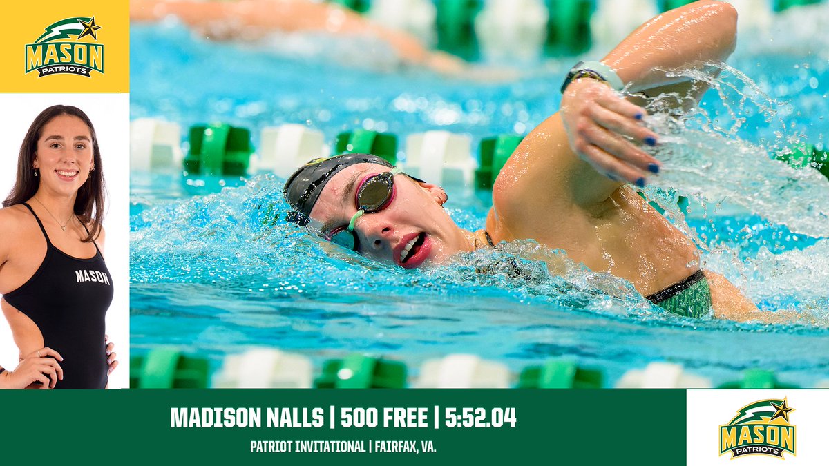 MasonSwimDive's tweet photo. Madison Nalls WINS the 500-yard freestyle! 🥇

#MasonNation https://t.co/QpDXAp0cE4