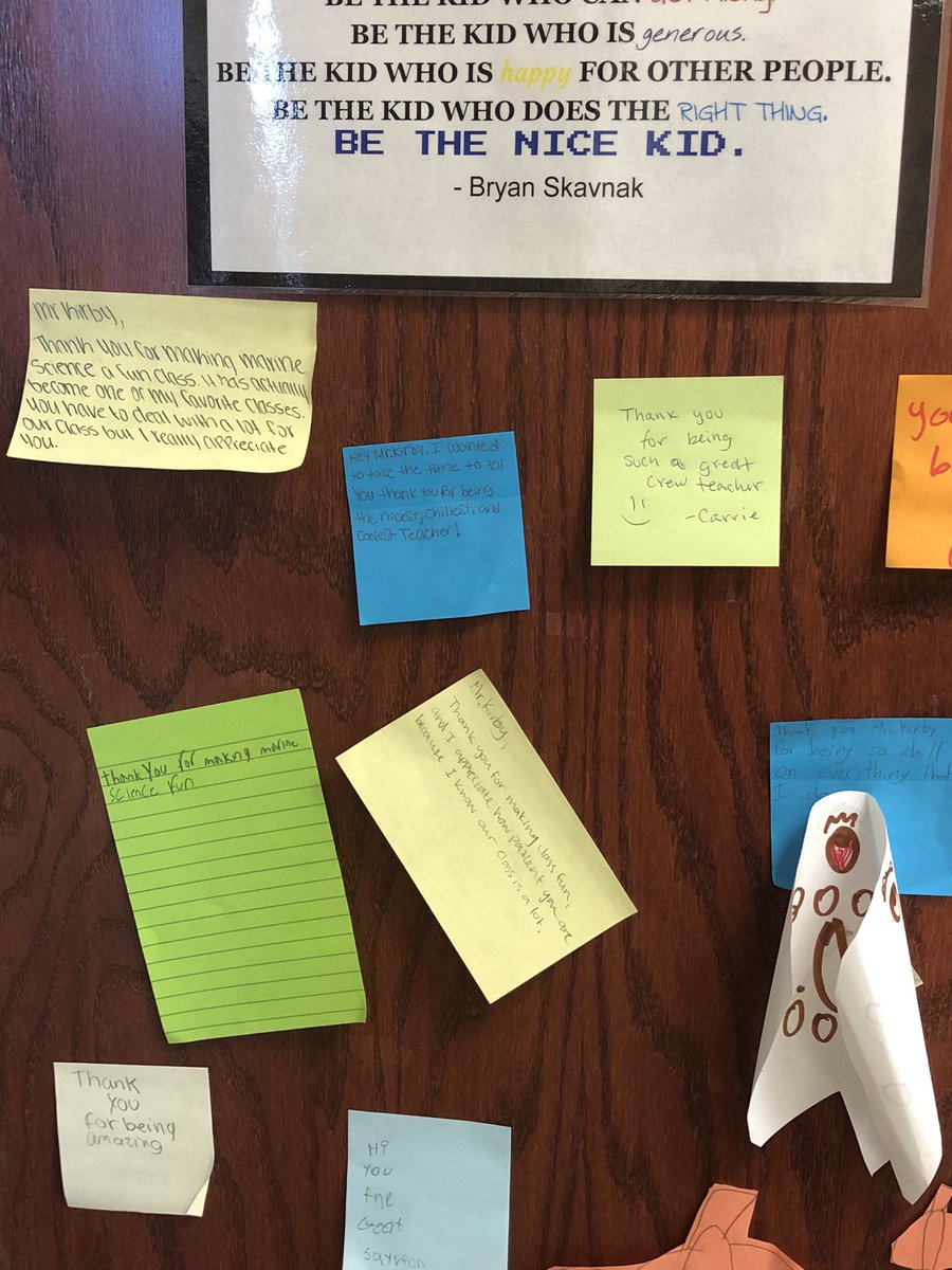 KirbyScience202's tweet photo. Today during crew students wrote words of encouragement or thank you notes to teachers of their choice and stuck them on their doors!!! It was a great reminder of why we do what we do!!! #kirbyscience134 @GHS_GilbertSC https://t.co/I6lTRALS2K