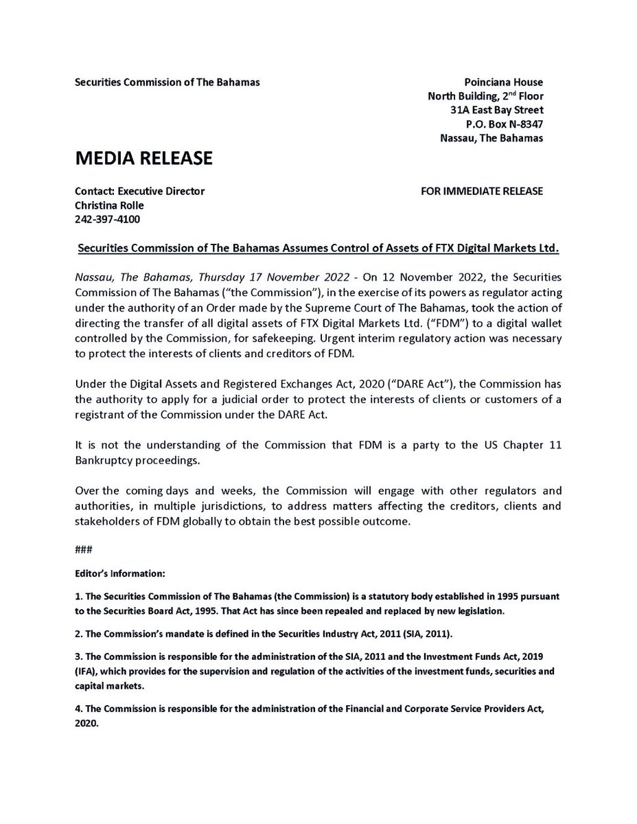 DegenerateNews's tweet photo. BREAKING: SECURITIES COMMISSION OF THE BAHAMAS ADMITS TO ORDERING FTX TO DRAIN ALL FTX DIGITAL MARKETS ASSETS INTO THE COMMISSION’S WALLET https://t.co/HoYPLOqqnw