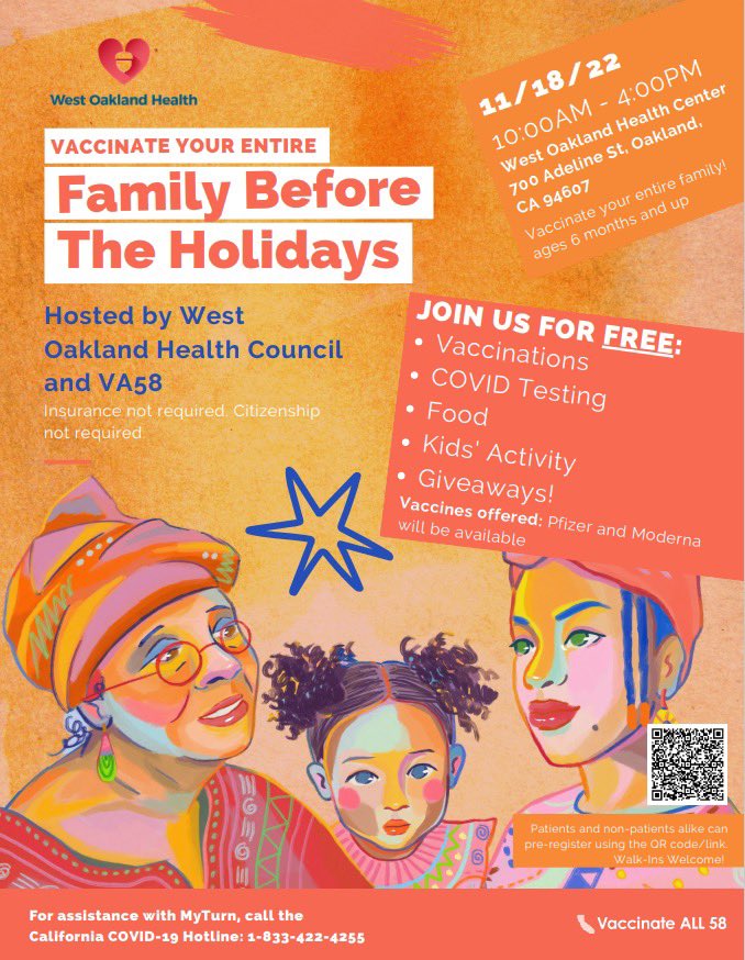 Tomorrow, #WestOaklandHealth is teaming up with @CAPublicHealth to make sure we are all vaccinated before the holidays! From 10am-4pm, they will be at 700 Adeline Street, with FREE vaccinations, COVID-19 testing, food, kids’ activities, a giveaway, and more! (1/2)
