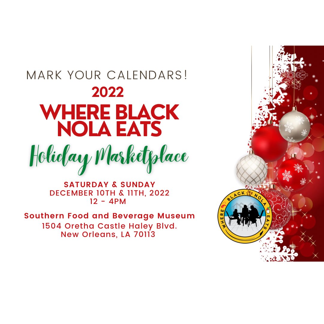 Where Black NOLA Eats (@blacknolaeats) on Twitter photo Save the date(s)! <a href="/BlackNOLAEats/">Where Black NOLA Eats</a> takes over <a href="/SouthernFood/">Southern Food & Beverage Museum</a>! Admission to the museum is FREE and open to the public all weekend! Stop in and shop with our food, art, craft, and clothing vendors.
@dj2ready on the 1s & 2s!
#whereBlackNOLAEats #HolidayShopping Save the date(s)! <a href="/BlackNOLAEats/">Where Black NOLA Eats</a> takes over <a href="/SouthernFood/">Southern Food & Beverage Museum</a>! Admission to the museum is FREE and open to the public all weekend! Stop in and shop with our food, art, craft, and clothing vendors.
@dj2ready on the 1s & 2s!
#whereBlackNOLAEats #HolidayShopping