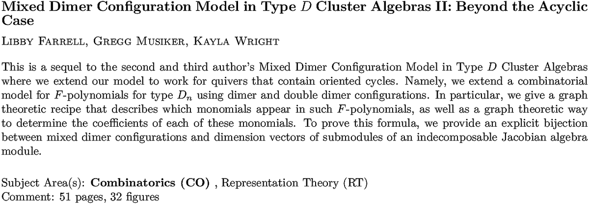 arxiv.org/abs/2211.08569…
L Farrell et. al.
Mixed Dimer Configuration Model in Type $D$ Cluster Algebras II: Beyond
  the Acyclic Case
