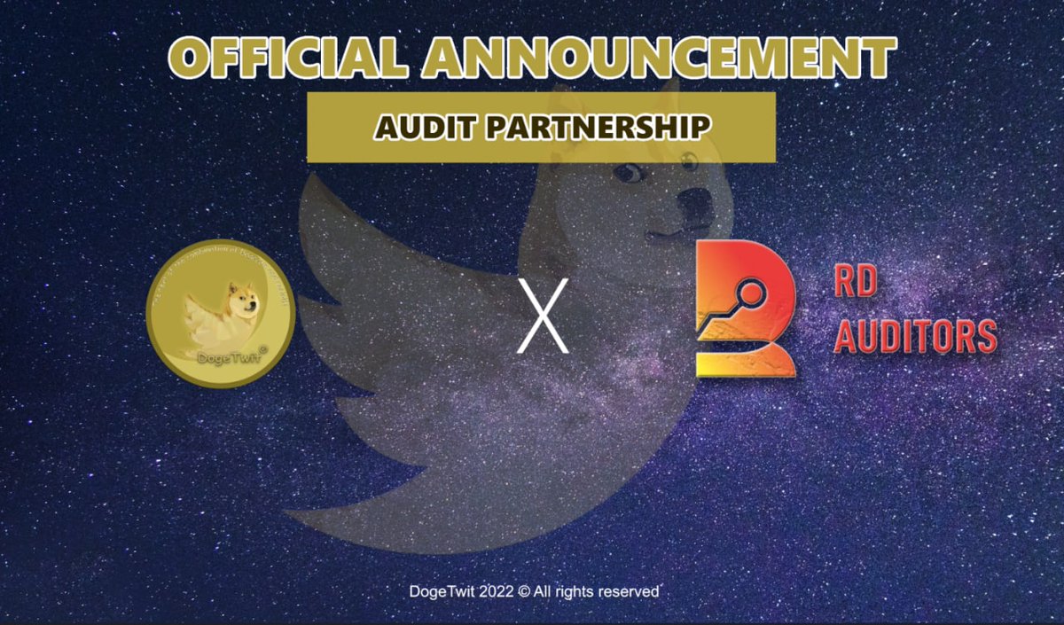 DogeTwit_verse's tweet photo. 🥳🥳🥳We proudly announce that RD Auditors has become our longterm strategic partner.

💥RD Auditors will accompany DogeTwit to secure the Dogeverse system.

👉 DogeTwit Audit: https://t.co/TWN3u3tlCV

#DogeTwit #partnership #RDAuditors https://t.co/CvZ14rpWhV