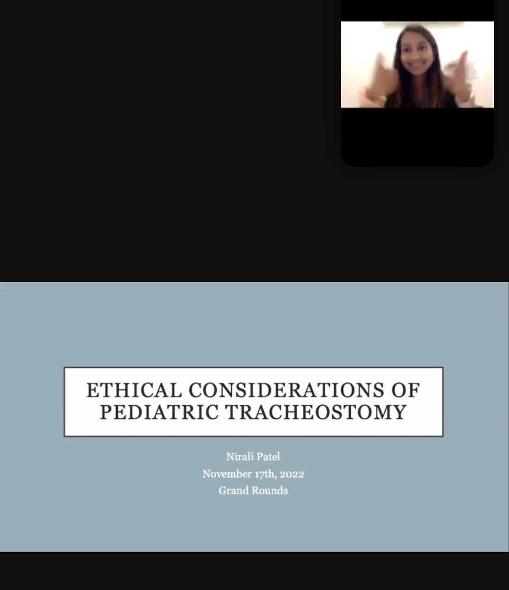 <a href="/niralipatelmd/">Nirali Patel, MD</a> delivered an insightful #grandrounds tonight on “Ethical Considerations of Pediatric Tracheostomy” Two thumbs up indeed! 👍🏻👍🏻😊 #ENT #Peds #Trach #ethics #MedTwitter