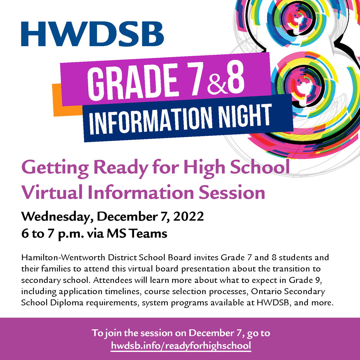 December 7: "Getting Ready for High School"
Virtual Information Session 6-7pm via MS Teams.