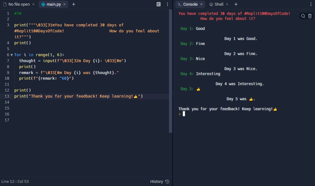 ExpectoPatrona3's tweet photo. Day 30 of #Replit100DaysOfCode #100DaysOfCode was all about f-strings.
Join me on @Replit https://t.co/zW6IXRQhap https://t.co/Vhfi4e71G1