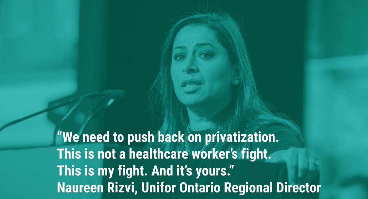 UniforTheUnion's tweet photo. "We need to push back on privatization.
This is not a healthcare worker’s fight.
This is my fight. And it’s yours."
@NaureenRizvi1 calls on #ORC22 delegates to mobilize against the Ford government's healthcare privatization.
#Unifor #onhealth https://t.co/k50KiaTqKS
