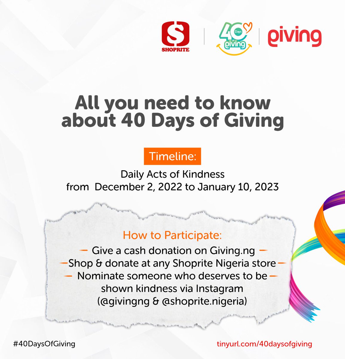 Giving_ng's tweet photo. Each of us has the power to make our world a happier place, and every act of kindness we do proves that.
Join the #40DaysOfGiving, let's spread kindness together - https://t.co/k2SsfHGfwP
#GivingNG #ShopriteNigeria #GivingNGXShoprite #SpreadingKindness https://t.co/WQKdl67KPq