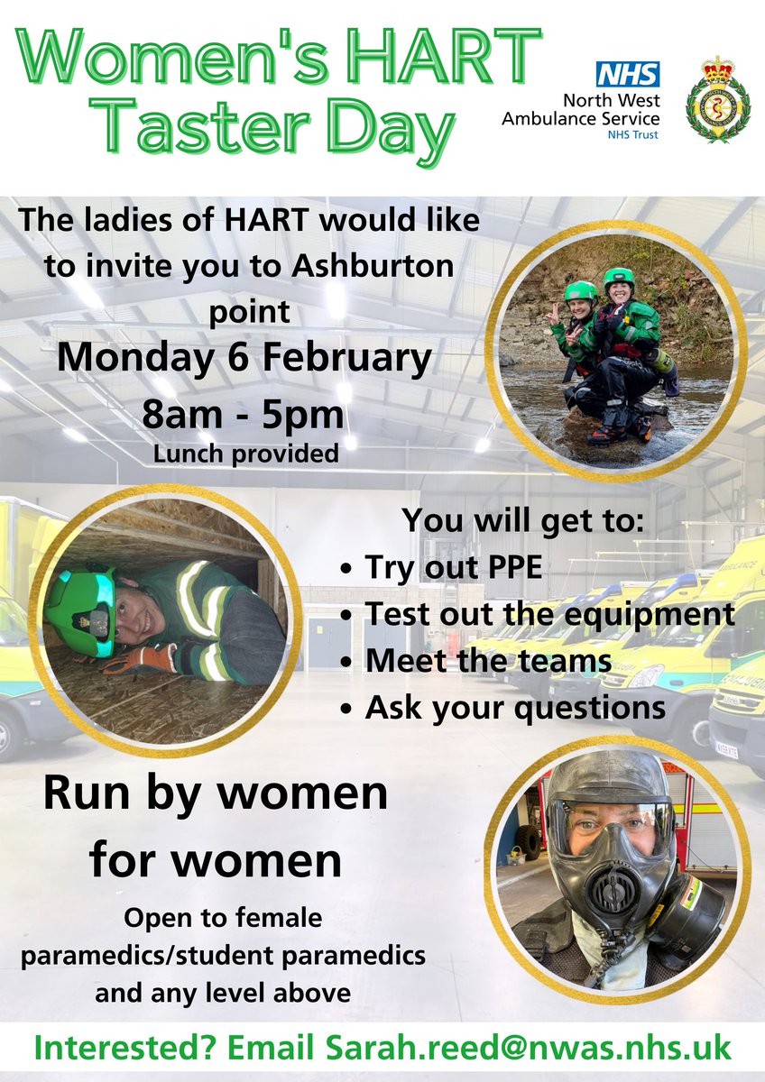 Calling NWAS ladies! 💚🚑 <a href="/NWAmb_HART/">NWAS HART</a> <a href="/NWAmbulance/">North West Ambulance Service</a>
HART taster day for women to experience what we do!
Get in touch with Sarah (email on the poster) to express your interest 😄#WomensTasterDay #NWASHARTLadies