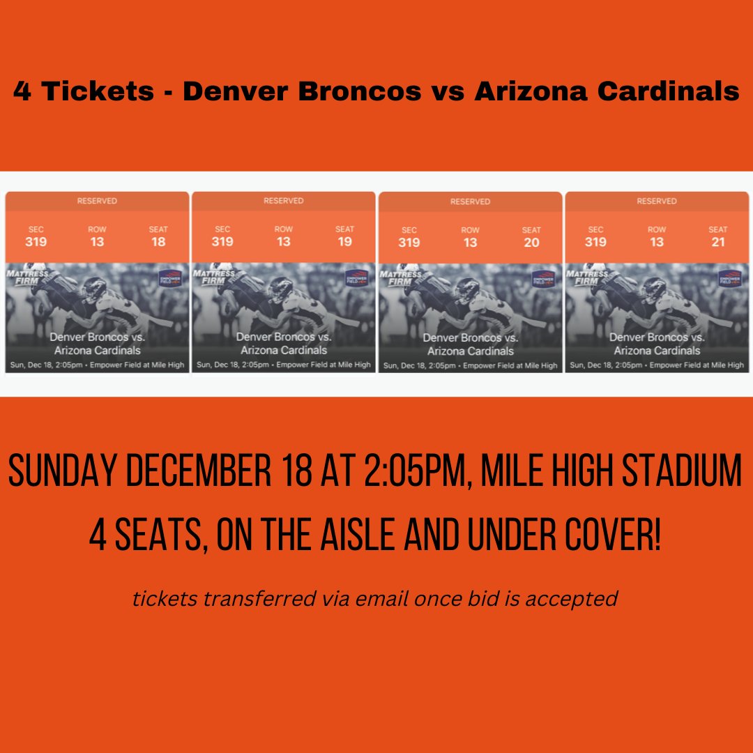 ROCWheels's tweet image. Online Silent Auction supporting ROC Wheels

Denver Broncos Tickets: Sunday December 18 at 2:05pm vs Arizona Cardinals
4 tickets in Section 319 Row 13 

Register to Bid:
givebutter.com/c/GivingTuesda…

#helpingchildren #giftofmobility #wheelchairs