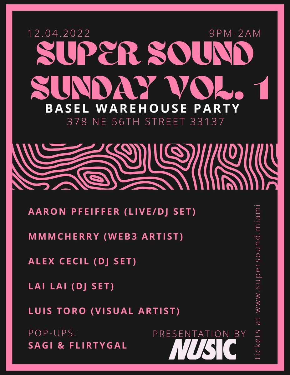 nusicOfficial's tweet photo. What is going on Miami?

Art Basel is in full swing, and https://t.co/flgPaRhULn has just opened to the secondary market

This Sun join @mmmCherry performing and @adam_nusic demoing our Web 3 Music infra at the Super Sound closing party

https://t.co/1L4is30Hhv https://t.co/K6RQldDM4Q