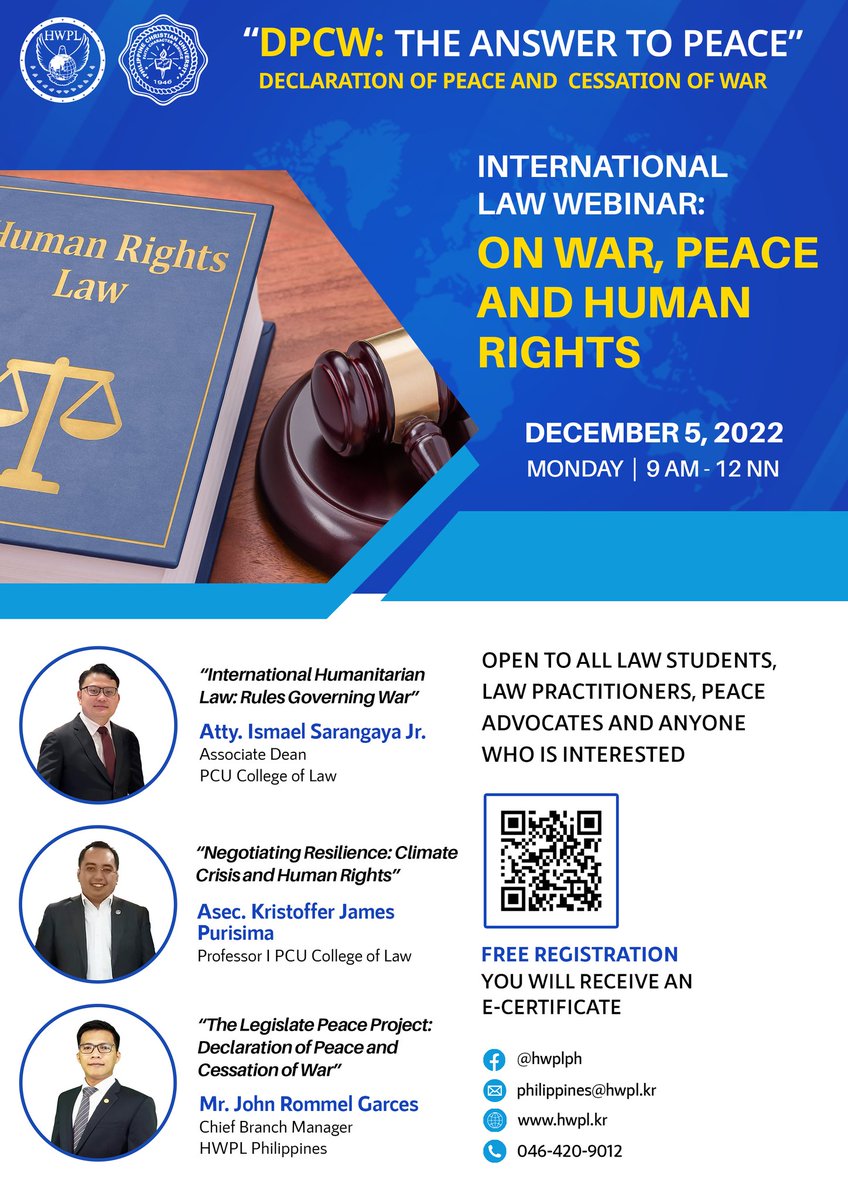 FirazHanna's tweet photo. FREE and OPEN TO ALL!

INTERNATIONAL LAW WEBINAR: On War, Peace and Human Rights
Theme: "DPCW: The Answer to Peace"
When: December 5, 2022 | 9:00 AM - 12:00 NN

Register HERE: https://t.co/NbqT4bcUuz

#DPCW #LegislatePeace #LPProject #LawforPeace #internationallaw #humanrights https://t.co/SkZfthh4Hn