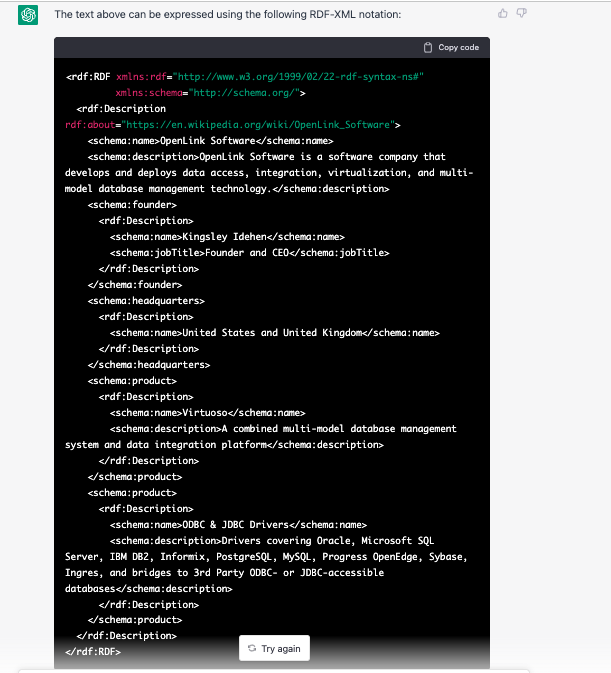kidehen's tweet photo. #RDF isn't a format. Thus, If #gptChat can write #RDF using #JSONLD or #RDFTurtle notations, it SHOULD be able to so using #RDFXML notation.
Yes it can, even when I make the input a little more obscure.
See: https://t.co/yqPzfLT3ZY
#SemanticWeb #KnowledgeGraph #ExplainableAI https://t.co/MksdJ8bBZ7