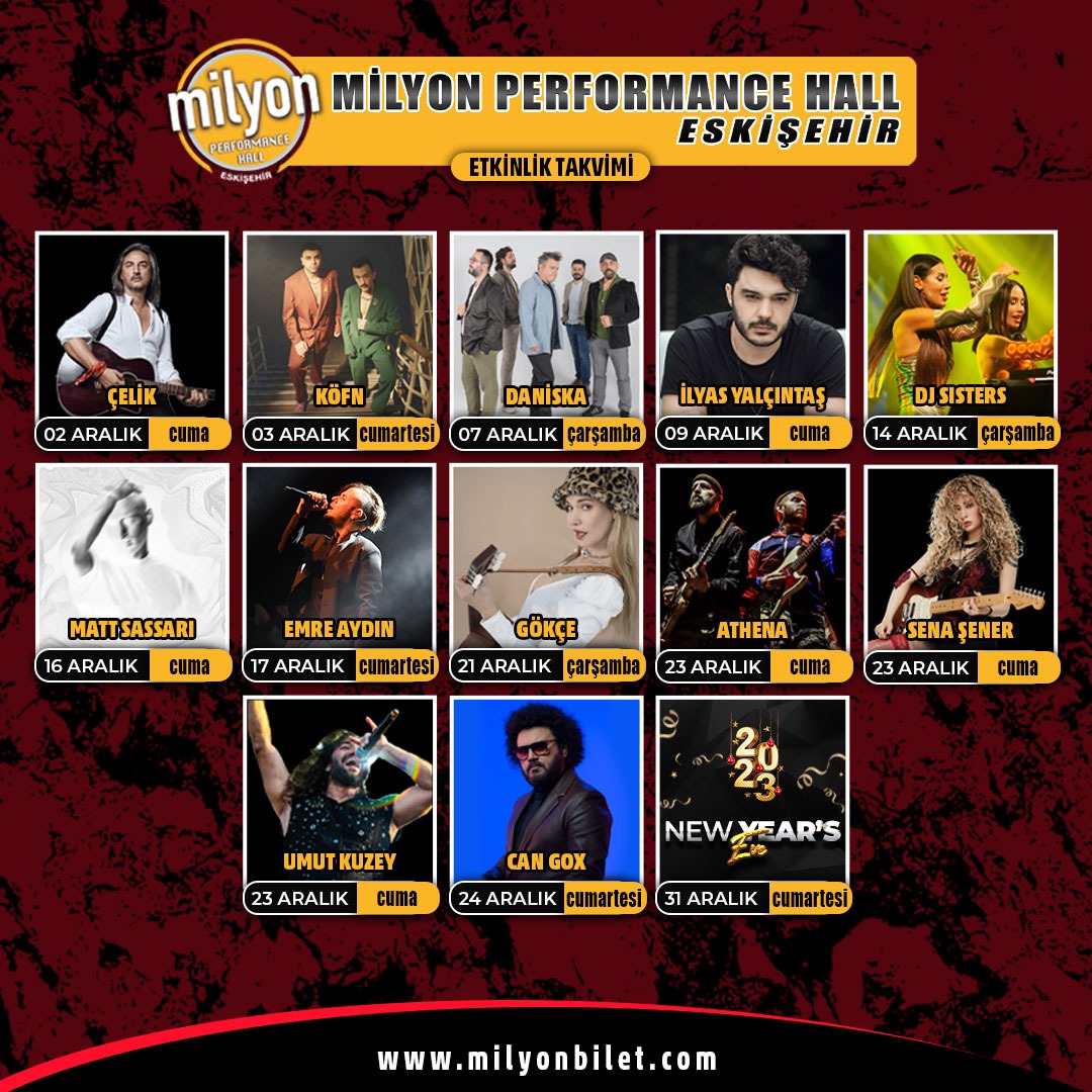 milyonbilet's tweet photo. Milyon Performance Hall Eskişehir Aralık Ayı Etkinlik Takvimimiz 🎸🗓️

Biletler https://t.co/tRjTeHnpbK | milyonbilet APP'te 📲

@milyoneskisehir  

#milyonbilet #eskişehir #milyonperformancehall #konser #yüzdeyüzmüzik #ofest #umutkuzey #senaşener #çelik #athena #emreaydın #köfn https://t.co/WtiVix0Shd