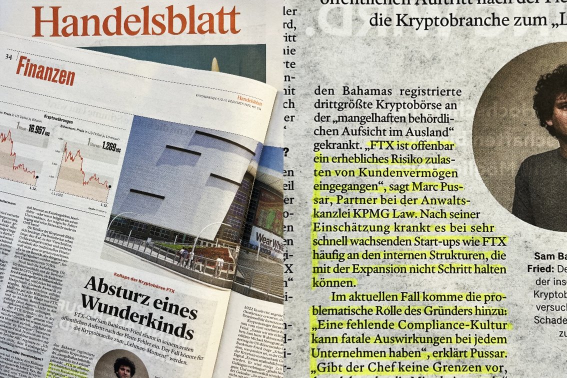 MarcPussar's tweet photo. Interesting article on FTX and SBF in the weekend edition of @handelsblatt and online (https://t.co/qyEI2W8CkW). Thanks to @FelixHoltermann  for the discussion and for sharing my comments.

#FTT #SBF #crypto #cryptocurrency #dlt #blockchain #mica @KPMG_DE_Law @KPMG_DE https://t.co/PYkVMGlKpU