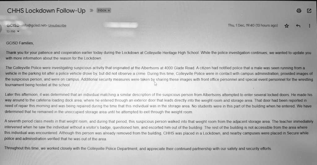 ruloganda's tweet photo. Lack of safety in our campuses is a tremendous concern! I find ridiculous having "doors not working" that aren't watched allowing our children's safety being jeopardized. What happened yesterday was a big deal that could've been a catastrophe! @GCISD @GrapevineTXCity https://t.co/4cIuUNPtJR