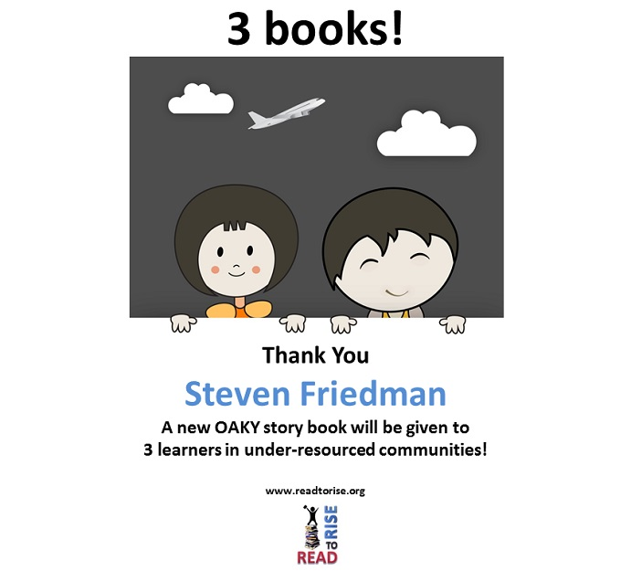 ReadtoRise's tweet photo. Miengah Jardien, Steven Friedman, Travers Solomon & Bradley Goldschmidt inspired learners in under-resourced communities with 10 #OakyBookSeries story books.
https://t.co/rXAKyo1F9t
#ChildrensBooks #CreatingAReadingNation #ReadingRevolution #READtoRISE #ThankYou #YouthLiteracy https://t.co/qF3yq2mpra