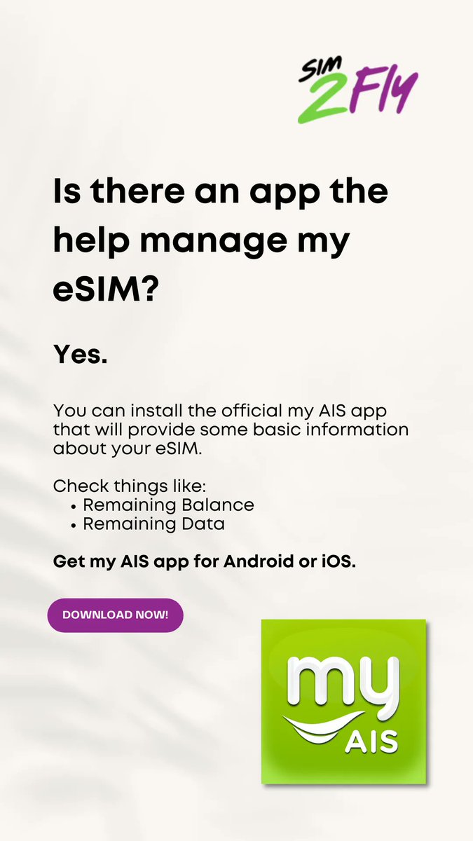 esim2fly's tweet photo. #AIS
In case you wanted to manage your eSIM, you can install the official my AIS app.
Here's the link for Google Play: https://t.co/Y4eOUHmU13
And in Apple: https://t.co/HFFzC9YyH4
#esim #esim2fly https://t.co/d7G2BHBO00