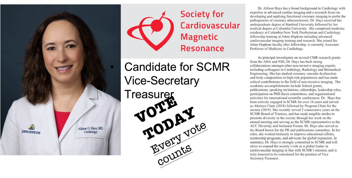 Dear #WhyCMR community, please take time today to vote for my fabulous colleague @AllisonGHaysMD from @hopkinsheart for @SCMRorg Vice Secretary/Treasurer. I am very lucky to work with her every day in our echo lab, she's the best! Thank you!