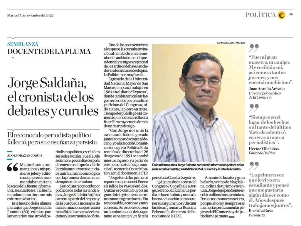 MarcoCastroPE's tweet photo. Nuestro buen amigo @jlsaldanar, caballero de la crónica parlamentaria y del periodismo político, nos adelantó hace poco. Lo conocí durante presidencia de @AFloresAraoz y trabajé con él durante presidencia de @MaricarmenAlvaP. Extrañaremos #datodeadentro y #aminadiemelocuenta 🙏🏽✨ https://t.co/eWJfHUPNwB