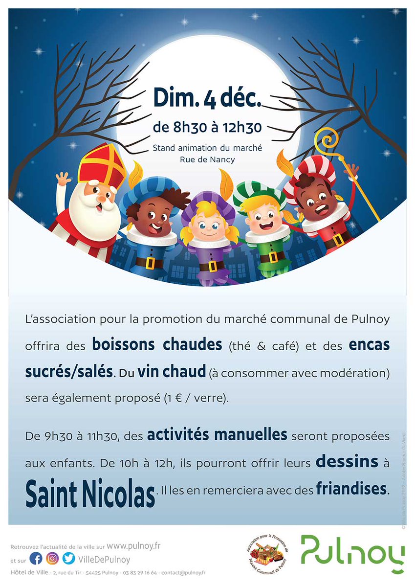 #SaintNicolas 

✅ Dimanche 4/12, Saint Nicolas sera dès 10h au marché de #Pulnoy.
A partir de 9h30, les enfants pourront participer à diverses activités manuelles et créer des dessins qui seront offerts au Saint Patron des Lorrains.
☕️ Des boissons seront également offertes.