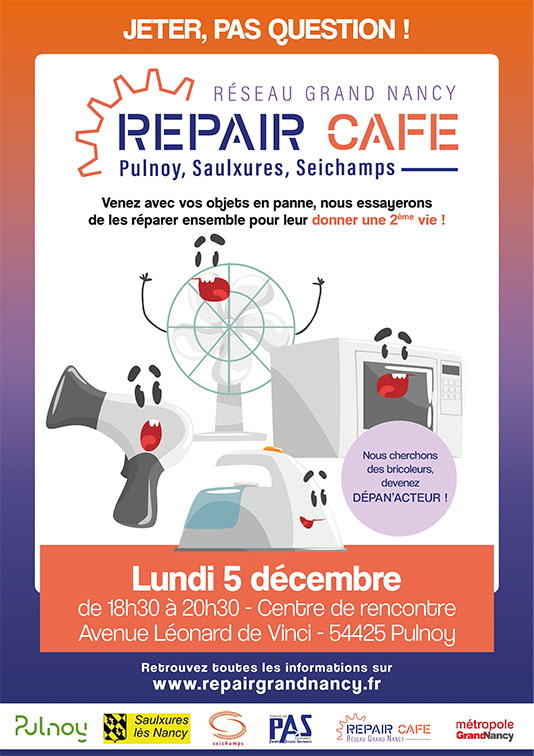 #RepairCafé

Lundi 5/12, le Repair café PSS sera au centre de rencontre de #Pulnoy. 
🪛🔧 De 18h30 à 20h30, apportez vos objets en panne pour tenter, de leur donner une 2ème vie. 
⚠️ Le rémouleur sera exceptionnellement absent, mais les couturières seront là 😃