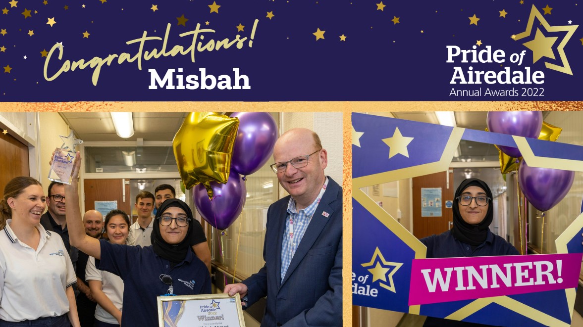 Physiotherapist, Misbah is our #PrideOfAiredale Unsung Hero!

Misbah was nominated for her work with young people within the community.

“As a colleague, she’s positive, approachable &amp; inspiring. She’s passionate about her profession &amp; also about the Trust as a place to work.”